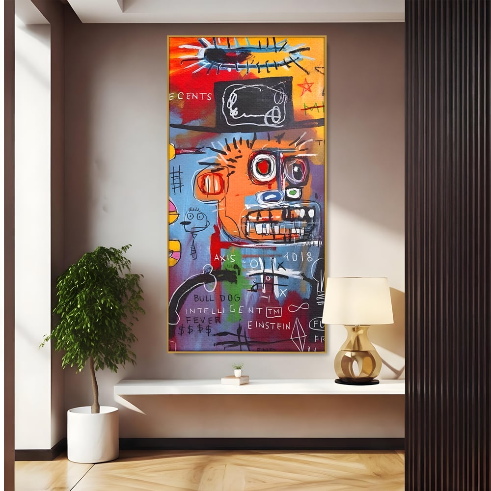Tablou canvas cu tablou abstract cu portret si inscriptii, in rama de aluminiu auriu